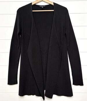 Eileen Fisher Black Open Front Cardigan Sweater Silk Cotton Ribbed Knit Petite S